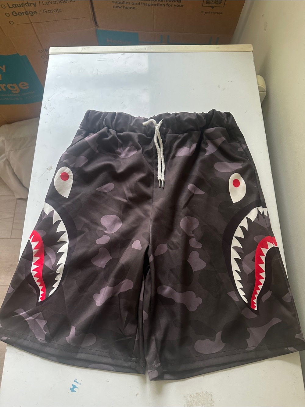 Men's Black Camo Shark-Print Athletic Shorts
